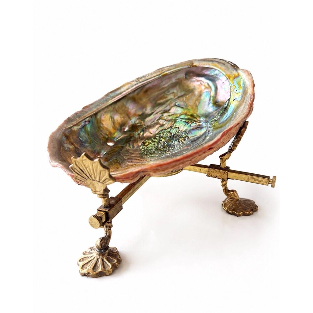 Giant Abalone Shell Display | Ornate Brass Stand, Coastal Luxe Decor